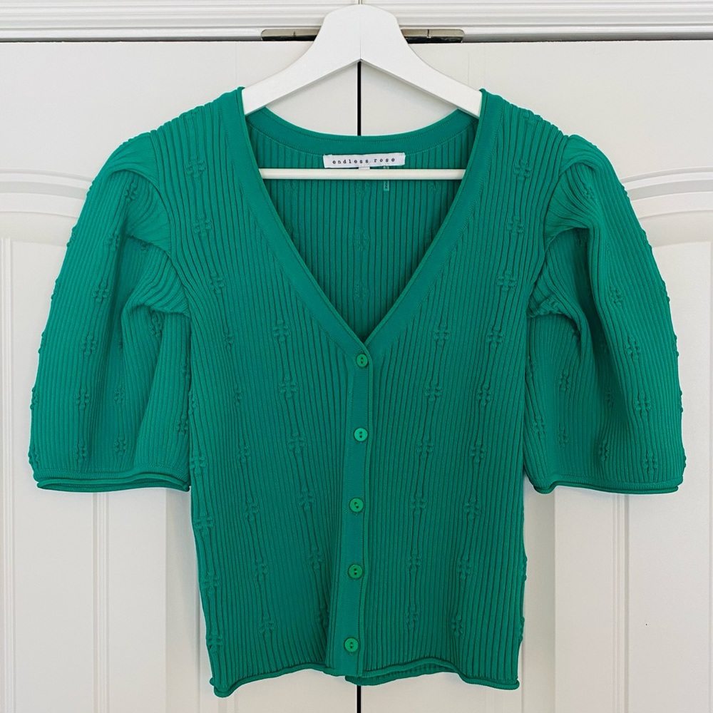 VICI Sweetest Doll Green Ribbed Puff Sleeve Top - Size S